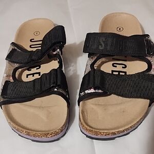 Justice Black Sandals with Adjustable Velcro Straps Size 3 VGC, Confetti Sides.